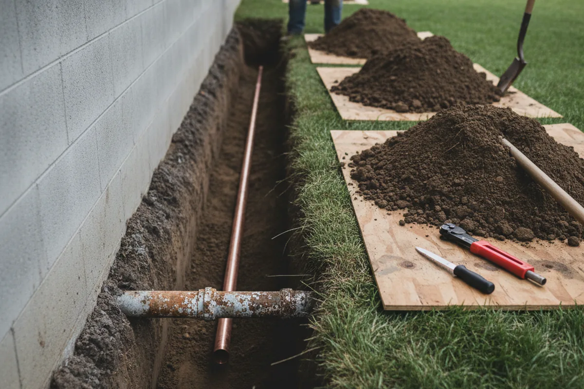 Excavated water line trench during Water Softener Installation in Cleves